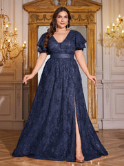 Royal Blue Sequin Ruffle Sleeve High‑Waist A‑Line Evening Gown