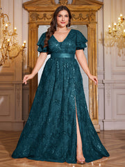 Royal Blue Sequin Ruffle Sleeve High‑Waist A‑Line Evening Gown