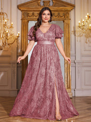 Royal Blue Sequin Ruffle Sleeve High‑Waist A‑Line Evening Gown