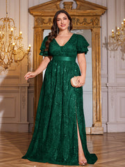 Royal Blue Sequin Ruffle Sleeve High‑Waist A‑Line Evening Gown