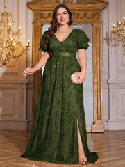 Royal Blue Sequin Ruffle Sleeve High‑Waist A‑Line Evening Gown