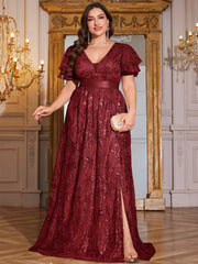 Royal Blue Sequin Ruffle Sleeve High‑Waist A‑Line Evening Gown