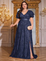 Royal Blue Sequin Ruffle Sleeve High‑Waist A‑Line Evening Gown