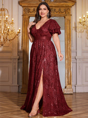 Royal Blue Sequin Ruffle Sleeve High‑Waist A‑Line Evening Gown