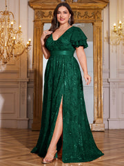 Royal Blue Sequin Ruffle Sleeve High‑Waist A‑Line Evening Gown