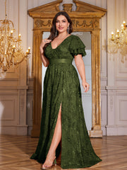 Royal Blue Sequin Ruffle Sleeve High‑Waist A‑Line Evening Gown