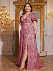 Royal Blue Sequin Ruffle Sleeve High‑Waist A‑Line Evening Gown