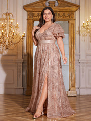 Royal Blue Sequin Ruffle Sleeve High‑Waist A‑Line Evening Gown