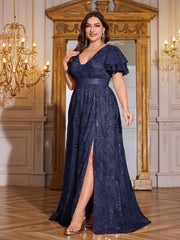Royal Blue Sequin Ruffle Sleeve High‑Waist A‑Line Evening Gown