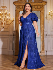 Royal Blue Sequin Ruffle Sleeve High‑Waist A‑Line Evening Gown