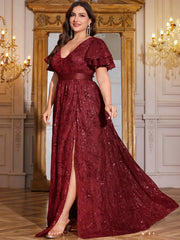 Royal Blue Sequin Ruffle Sleeve High‑Waist A‑Line Evening Gown