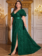 Royal Blue Sequin Ruffle Sleeve High‑Waist A‑Line Evening Gown