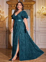 Royal Blue Sequin Ruffle Sleeve High‑Waist A‑Line Evening Gown