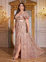 Royal Blue Sequin Ruffle Sleeve High‑Waist A‑Line Evening Gown