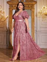Royal Blue Sequin Ruffle Sleeve High‑Waist A‑Line Evening Gown