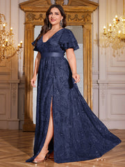 Royal Blue Sequin Ruffle Sleeve High‑Waist A‑Line Evening Gown