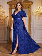 Royal Blue Sequin Ruffle Sleeve High‑Waist A‑Line Evening Gown