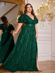 Royal Blue Sequin Ruffle Sleeve High‑Waist A‑Line Evening Gown