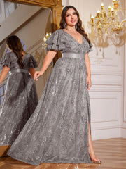 Royal Blue Sequin Ruffle Sleeve High‑Waist A‑Line Evening Gown