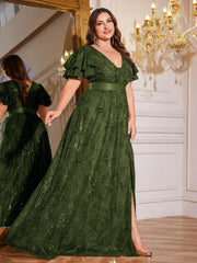 Royal Blue Sequin Ruffle Sleeve High‑Waist A‑Line Evening Gown