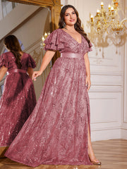 Royal Blue Sequin Ruffle Sleeve High‑Waist A‑Line Evening Gown