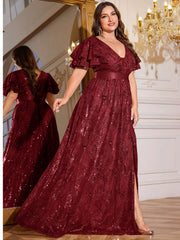 Royal Blue Sequin Ruffle Sleeve High‑Waist A‑Line Evening Gown