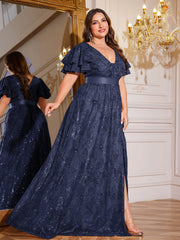 Royal Blue Sequin Ruffle Sleeve High‑Waist A‑Line Evening Gown