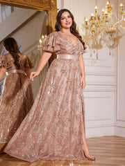 Royal Blue Sequin Ruffle Sleeve High‑Waist A‑Line Evening Gown