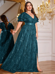 Royal Blue Sequin Ruffle Sleeve High‑Waist A‑Line Evening Gown