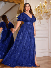 Royal Blue Sequin Ruffle Sleeve High‑Waist A‑Line Evening Gown
