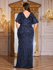 Royal Blue Sequin Flutter Sleeve Mermaid Evening Gown