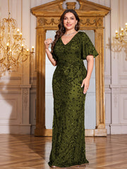 Royal Blue Sequin Flutter Sleeve Mermaid Evening Gown
