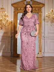 Royal Blue Sequin Flutter Sleeve Mermaid Evening Gown