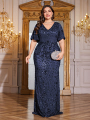 Royal Blue Sequin Flutter Sleeve Mermaid Evening Gown
