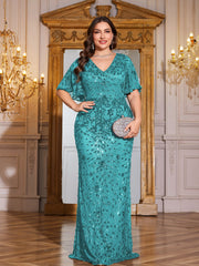 Royal Blue Sequin Flutter Sleeve Mermaid Evening Gown