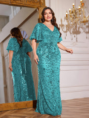 Royal Blue Sequin Flutter Sleeve Mermaid Evening Gown