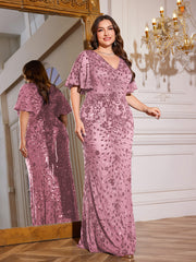 Royal Blue Sequin Flutter Sleeve Mermaid Evening Gown