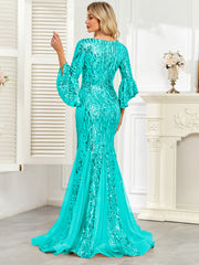 Champagne Gold Sequin Bell Sleeve Mermaid Evening Gown