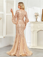 Champagne Gold Sequin Bell Sleeve Mermaid Evening Gown