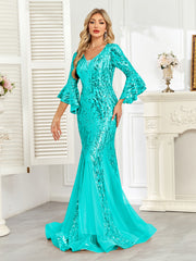 Champagne Gold Sequin Bell Sleeve Mermaid Evening Gown