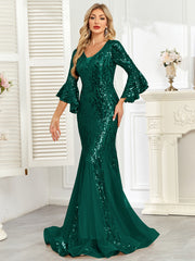 Champagne Gold Sequin Bell Sleeve Mermaid Evening Gown