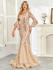 Champagne Gold Sequin Bell Sleeve Mermaid Evening Gown