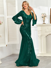 Champagne Gold Sequin Bell Sleeve Mermaid Evening Gown