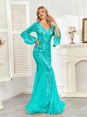Champagne Gold Sequin Bell Sleeve Mermaid Evening Gown