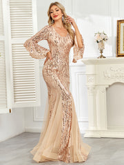 Champagne Gold Sequin Bell Sleeve Mermaid Evening Gown