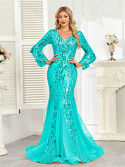 Champagne Gold Sequin Bell Sleeve Mermaid Evening Gown