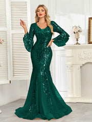 Champagne Gold Sequin Bell Sleeve Mermaid Evening Gown