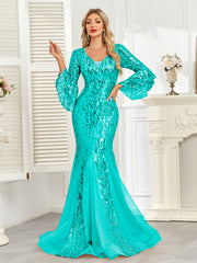 Champagne Gold Sequin Bell Sleeve Mermaid Evening Gown