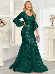 Champagne Gold Sequin Bell Sleeve Mermaid Evening Gown