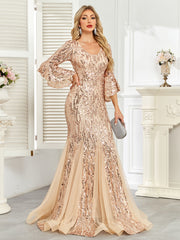 Champagne Gold Sequin Bell Sleeve Mermaid Evening Gown